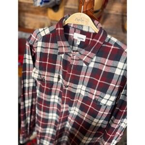 Sonoma Button-Down‎ Large Burgundy/Navy/White Plaid Flannel Shirt Chest Pockets